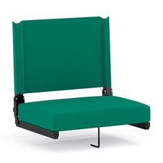 a green chair with black legs and armrests