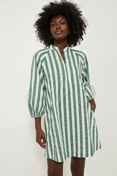 Green Stripe Maryse Mini Caftan | Pomander Place Linen Outer, Cocktail Attire, By The Beach, Crowd Pleaser, Office Fashion, Green Stripes, Pullover Sweatshirts, Tanning, Farmers Market