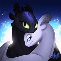 an animated image of a black dragon hugging a white bird