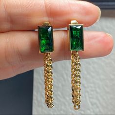 Gorgeous Pair Of Unique Luxury Boutique Earrings, That You Will Be Sure To Receive Many Compliments On! Boutique Quality Gold Plated Over Stainless Steel Chain Links Complete With Beveled & Captivating Simulated Green Emerald Cz Gemstones. Genuine Natural Emeralds Of This Size Would Cost $1,000’s! Buy 2, Get 1 On All Jewelry Items From My Closet! (Free Item Will Be Of Equal Or Lesser Value) Check Out My Other Unique Boutique Jewelry! Gold Plated Over Stainless Steel Boutique Quality Alloy, Hypoa Formal Green Earrings With Metal Plating, Green Plated Earrings For Formal Occasions, Formal Green Plated Earrings, Green Metal Clip-on Earrings For Gift, Green Plated Drop Earrings, Green Gold-plated Earrings For Anniversary, Green Gold Plated Earrings For Anniversary, Anniversary Green Gold-plated Earrings, Green Gold-plated Pierced Earrings