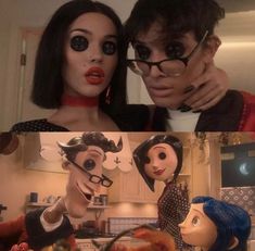 two dolls in the same kitchen and one with fake eyes on her face, both wearing glasses