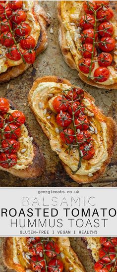 roasted tomato hummus toast on a baking sheet with text overlay that says roasted tomato toast