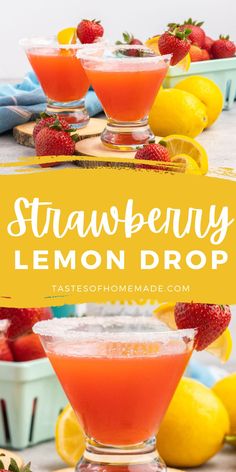 strawberry lemon drop cocktail in glasses with strawberries and lemons on the side