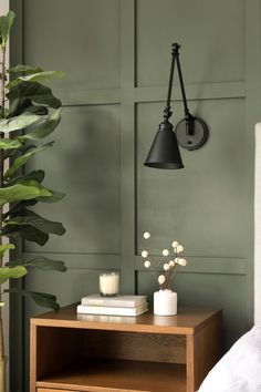 a bedroom with green walls and a wooden night stand next to a potted plant