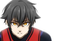 an anime character with black hair and blue eyes looks at the camera while wearing a red vest