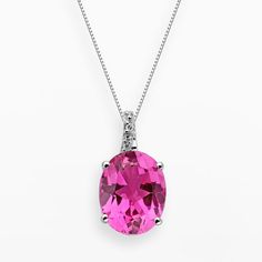 "Shimmering diamond accents and a lab-created pink sapphire stone give this oval pendant an elegant look. Pendant Details: Pendant length: .59-in. Chain length: 18-in. Clasp: spring-ring Metal: rhodium-plated sterling silverDiamond Details: Carat total weight: less than 1/10 Cut: round Color: I-J Clarity: I2-I3 Setting: prongStone Details: Stone type: lab-created pink sapphire Cut: oval Setting: prongImage(s) may be enlarged to show detail.Diamond weights are approximate. Diamond total weights m Oval Setting, Silver Lab, Jewelry Pendants, Simply Lovely, Body Chain Jewelry, Sapphire Stone, Oval Pendant, Chain Jewelry, Round Pendant