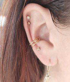 "I Love multiple hoops in the conch, and I am LOVING the look this one achieves! It's a double hoop that actually branches near the hinge to create more space between the hoops. These hoops are made of ASTM F136 Titanium, 16 guage, and available in 8mm and 10mm diameters. They are available in natural polished Titanium color, PVD Gold, PVD Rose Gold. Custom Color Anodizing is also available. Please message me prior to placing an order and I will create a custom option on the listing for your cus Gold Conch Hoop, Double Conch, Ear Anatomy, Conch Hoop, Conch Earring, Jewelry Earrings Hoops, Conch, Body Jewelry, Or Rose