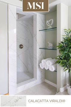 a bathroom with white marble walls and shelves