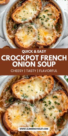 crockpot french onion soup in a white casserole dish with cheese and parsley