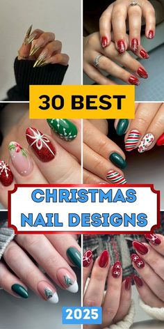 Easy Christmas Nail Designs, Cute Christmas Nail Designs, Acrylic Or Gel Nails, Round Shaped Nails, Christmas Nail Designs Easy, Red Nails Glitter, Classy Acrylic