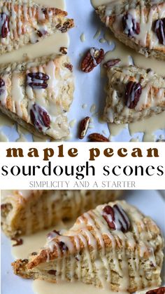 maple pecan sourdough scones with white icing and nuts on top