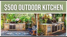 an outdoor kitchen with grills and potted plants on the outside, $ 500