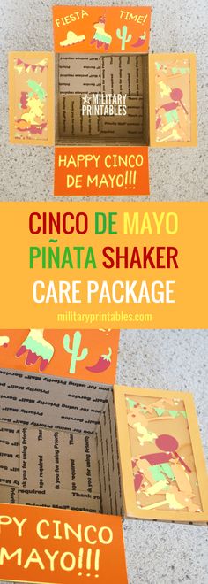 the cinco de mayo pinata shaker care package is shown with orange and green paper