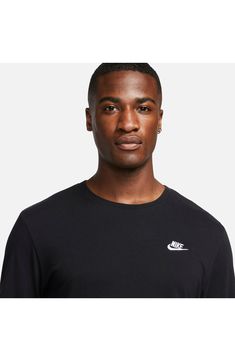 A small Swoosh logo at the chest brings big Nike energy to a T-shirt made from breathable cotton for comfort whether you're working out or just hanging out. 28" length (size Medium) Crewneck Long sleeves 100% cotton Machine wash, tumble dry Imported Casual Activewear With Three Stripes And Crew Neck, Casual Gym Tops With Branding, Crew Neck T-shirt With Three Stripes Branding For Workout, Crew Neck T-shirt With Three Stripes For Workout, Casual Crew Tops With Three Stripes Branding, Sporty Crewneck T-shirt For Sports, Casual Workout Tops With Three Stripes Branding, Nike Basic Crew Neck Activewear, Adidas Crew Neck Gym Top