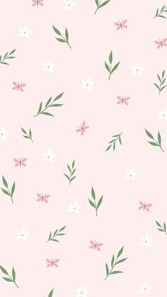 a pink wallpaper with small white flowers and green leaves