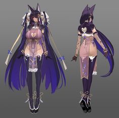 two different views of an anime character with long dark hair and purple clothes, one in full