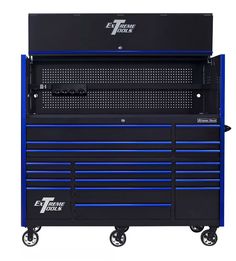 the ez tool cabinet with wheels and drawers on it is shown in black and blue