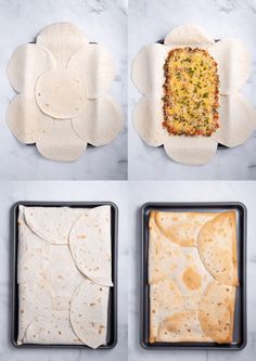 four images showing how to make tortillas with cheese and other toppings on them