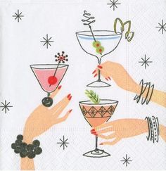 two hands are holding cocktail glasses on a napkin