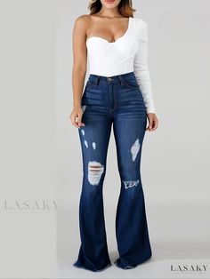 Lasaky - Dark Blue Distressed Stretchy Denim Flare Jeans with High Rise and Raw Hem, Womens Wide Leg Bell Bottoms Ripped Stretch Flare Jeans For Summer, Ripped Fitted Flare Jeans For Summer, Summer Ripped Fitted Flare Jeans, Summer Ripped Stretch Flare Jeans, Fitted Ripped Blue Flare Jeans, Denim Flare Jeans, Flare Leg Pants, Denim Flares, Casual Fits