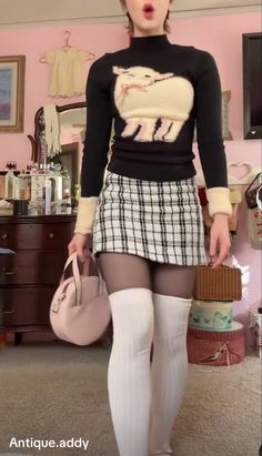 Pinafore Outfit Ideas, Twee Outfit Inspired, Hyperfemme Outfits, Sweater Tights Outfit, Couqutte Aesthetic Outfits, Twee Fashion Outfits, Bombshell Outfit, Twee Aesthetics, Kawaii Winter Outfits