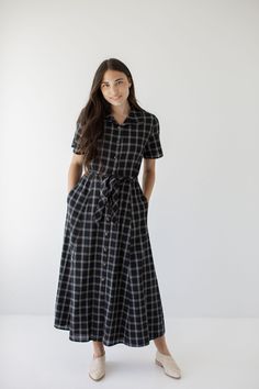 'Mae' A-Line Cotton Plaid Print Shirtdress in Black Layer Over Dress, Modest Church Dresses, Womens Office Fashion, Shirtdress Outfit, Nude Clutch, Flannel Dress, Office Fashion Women, Ankle Length Dress, Cotton Shirt Dress