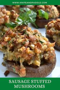 sausage stuffed mushrooms on a plate with parsley