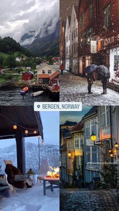 there are many different pictures with people walking in the snow and one is holding an umbrella