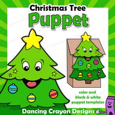 a christmas tree puppet is shown in front of a green background with the words, dancing crayon designs