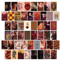 a collage of harry potter images in red, yellow, and purple with hogwart's crests on them