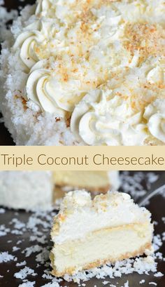 coconut cheesecake with white frosting and sprinkles on the top is cut in half