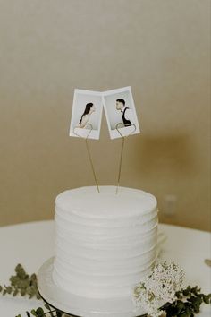 two photos on top of a white cake