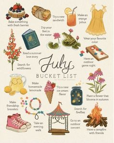 an illustrated poster with the words july bucket list