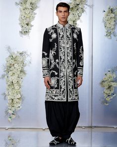 Black & White Sherwani Set | Seema Gujral | Panache by Sharmeen Tuscan Summer, Black Sherwani, White Sherwani, Dori Embroidery, Seema Gujral, Bollywood Theme, Kurta Men, Indian Men, Indian Men Fashion