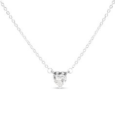 Indulge in the exquisite allure of this heart-shaped pendant necklace. Glistening with a brilliant 1.0 cttw of lab-grown diamonds, this pendant is crafted from 14K white gold, exuding a timeless and luxurious look. The single diamond is precisely set in a 3-prong setting, maximizing its fire and sparkle. The F-G color and VS1-VS2 clarity of the diamond enhance its radiance and beauty, making it a stunning addition to your jewelry collection. This heart stud pendant hangs elegantly from an 18-inc Valentine's Day Diamond White Solitaire Necklace, Heart-shaped Solitaire Necklace With Diamond Cut Cubic Zirconia, Heart-shaped Diamond Cut Solitaire Necklace In Cubic Zirconia, Silver Heart Shaped Solitaire Necklace With Diamond Cut, Fine Jewelry Heart Cut Solitaire Necklace, White Heart-cut Diamond Solitaire Necklace, White Heart Cut Diamond Solitaire Necklace, Heart Cut Solitaire Necklace Fine Jewelry, White Heart Cut Solitaire Necklace With Diamond Cut