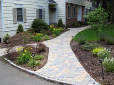 a walkway in front of a house with flowers and shrubs on the side of it