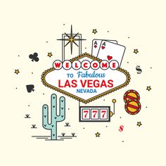 the welcome to fabulous las vegas sign surrounded by cactus, cards and casino chips on a white background