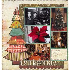 a collage of photos with christmas trees and poinsettis on them, including a teddy bear