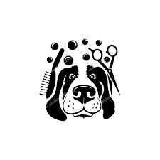 a black and white dog's head with combs, scissors and bubbles on it