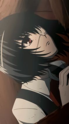 an anime character with long black hair and red eyes