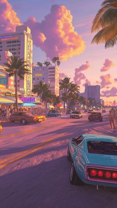 a car driving down a street next to tall buildings and palm trees in the background