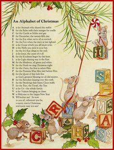 a christmas poem with two mice on blocks and the words, an alphabet of christmas