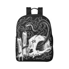 Creepy Witchcraft Backpack | Halloween Bag | Back To School | Adult Travel Backpack | Spooky Season | Gothic Aesthetic | Witchy Fashion Perfect backpack for those who like to keep it spooky all year long! Features a witchcraft scene with candles, a skull, and a snake. Great for back to school, travel, hiking. ~ Made from 1200D high-grade waterproof nylon, durable and fashionable. ~ One main compartment with a padded sleeve designed for laptop. Also has an inner zipper pocket. ~ Padded back panel Novelty Backpack For Everyday Use, Grunge Backpack For Everyday Use, Novelty Standard Backpack For Daily Use, Novelty Black Backpack For Everyday Use, Novelty Halloween School Backpack, Grunge Style Travel Backpack, Alternative Halloween Bags For Daily Use, Black Standard Backpack For Halloween, Alternative Style Halloween Bags For Daily Use