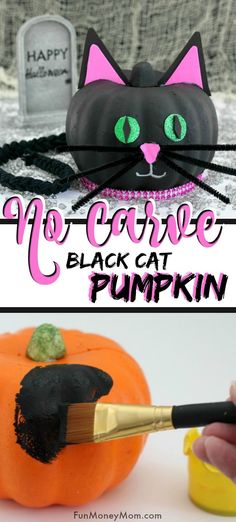 a black cat painted on a pumpkin with the words happy halloween written across it and an image of a black cat holding a paintbrush