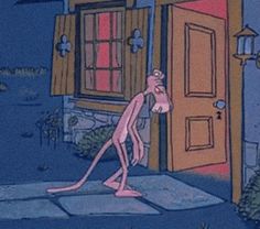 an animated pink alien standing in front of a house with a red door and window