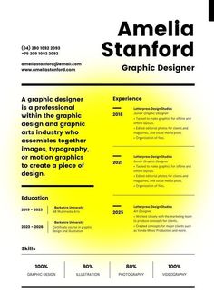 a yellow and black resume is shown with the words'graphic designer'on it