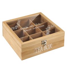 a wooden box with six tea boxes in it