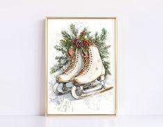 a painting of ice skates with holly and cones on the top, sitting in front of a white wall