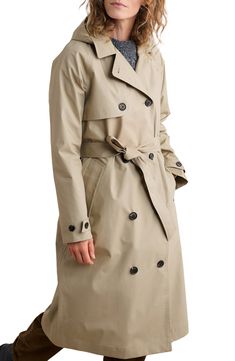 Give your rainy-day look a refresh in this classic trench coat designed with waterproof protection and a removable hood so you stay stylish and dry in wet weather. 43" length (size 10uk) Double-breasted button closure Stand collar; removable hood Belted cuffs Removable tie belt Gun flap Storm flap Seam sealed Waterproof rating: 5,000mm Breathability rating: 5,000 g/m² Lined, with organic cotton 100% organic cotton Imported Classic Winter Weatherproof Raincoat, Classic Weatherproof Winter Raincoat, Classic Solid Waterproof Raincoat, Classic Waterproof Solid Color Raincoat, Classic Waterproof Solid Raincoat, Classic Waterproof Raincoat For Fall, Classic Outerwear For Rainy Weather, Classic Outerwear For Rainy Season, Classic Waterproof Outerwear For Work