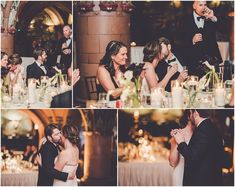 the bride and groom are sharing their first dance